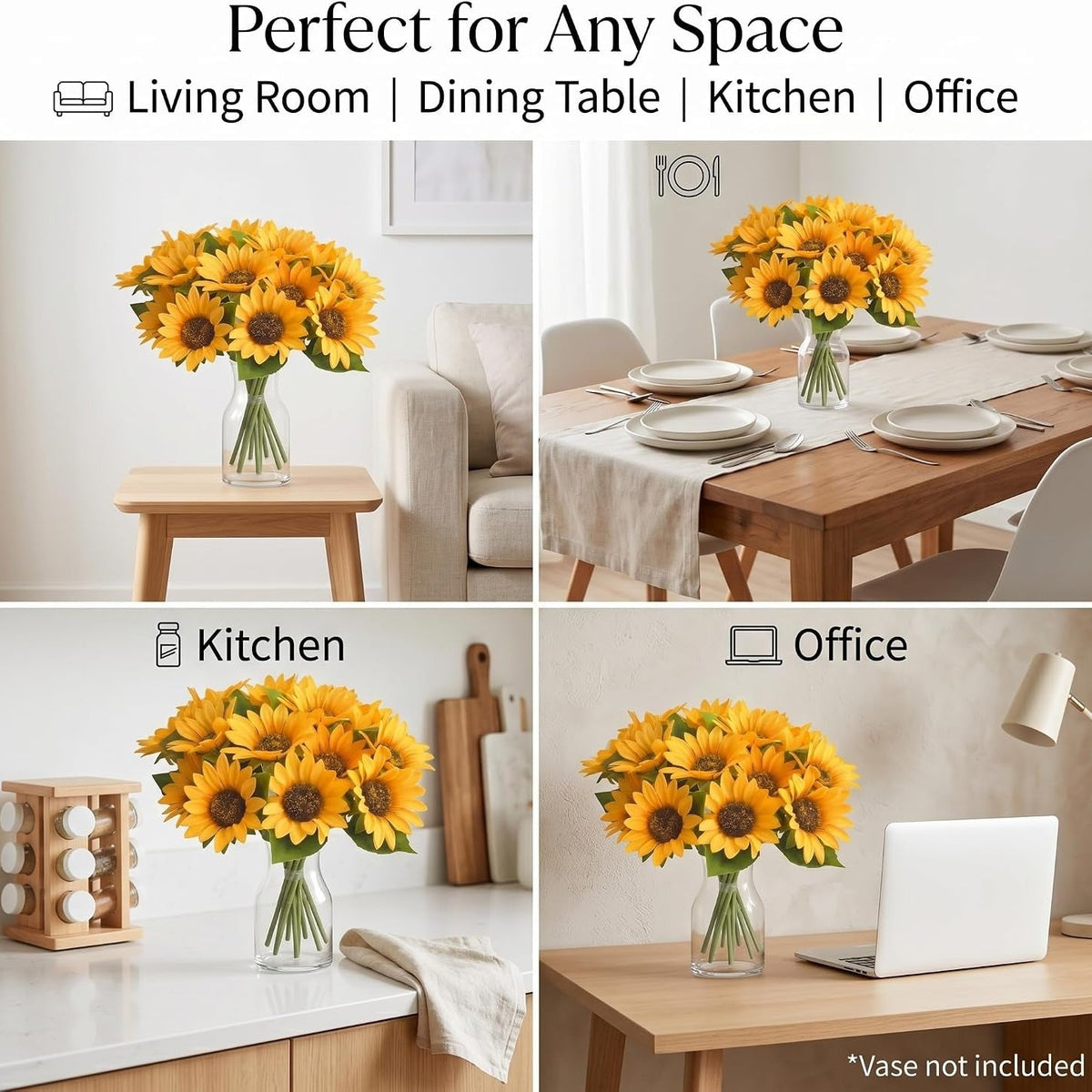 A four-panel collage showing sunflower bouquets in a clear glass vase placed in different real-world settings: a living room on a table, a dining table, a kitchen counter, and an office desk. Text at the top reads 'Perfect for Any Space' with icons for Living Room, Dining Table, Kitchen, and Office.