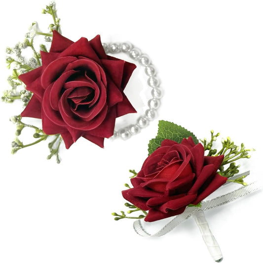 2-Piece Artificial Silk Rose Corsage and Boutonniere Set