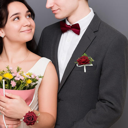2-Piece Artificial Silk Rose Corsage and Boutonniere Set