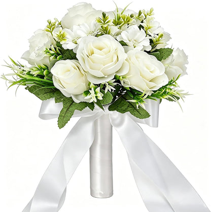 White faux rose bouquet with green leaves and a white satin ribbon handle, photographed on a plain white background.