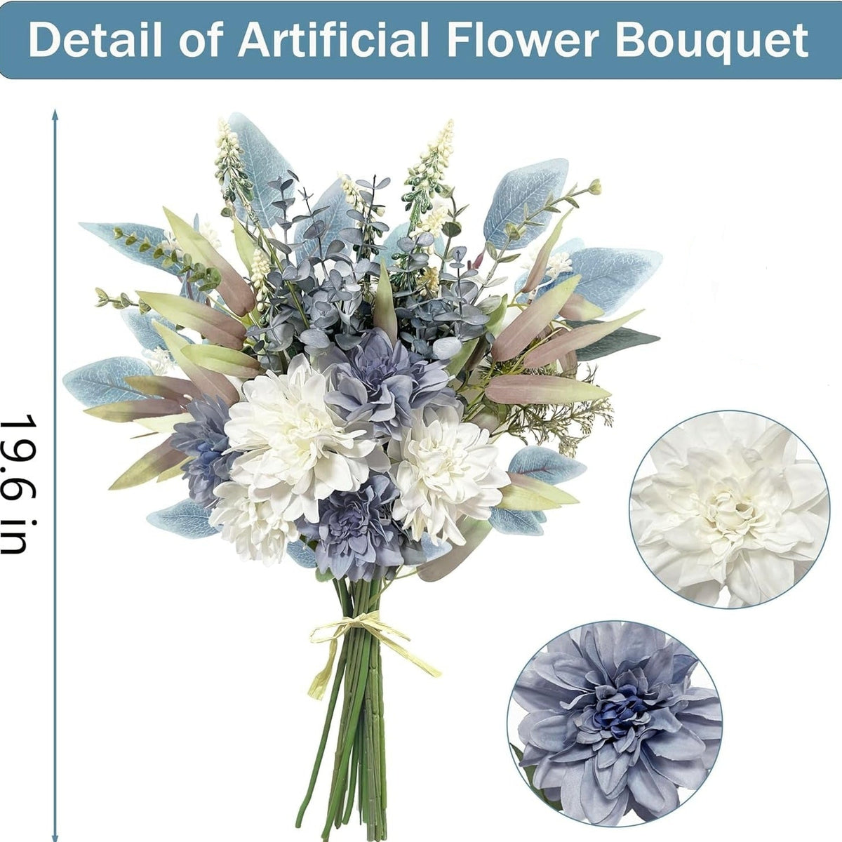 Artificial flower bouquet with white and blue flowers, green stems, and decorative leaves, shown on a white background with a blue header reading 'Detail of Artificial Flower Bouquet' and size text indicating 19.6 inches.