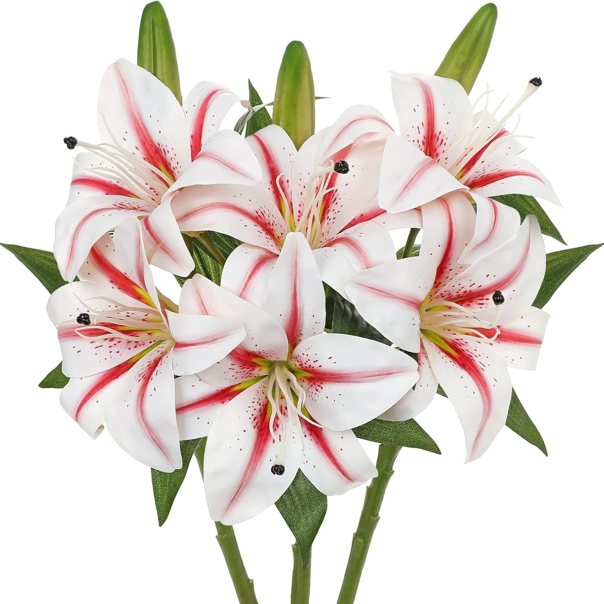 A cluster of white lilies with vibrant red stripes and green leaves on a solid white background.