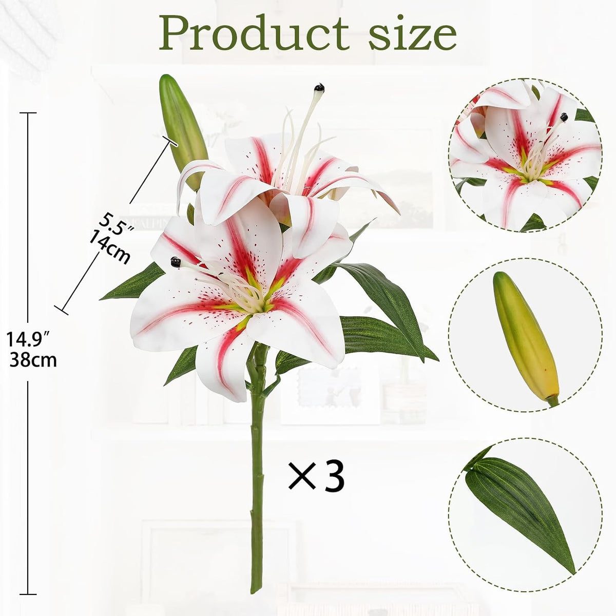 Three artificial white lilies with red stripes and green leaves, shown with dimension lines indicating 5.5 inches in height and 14.