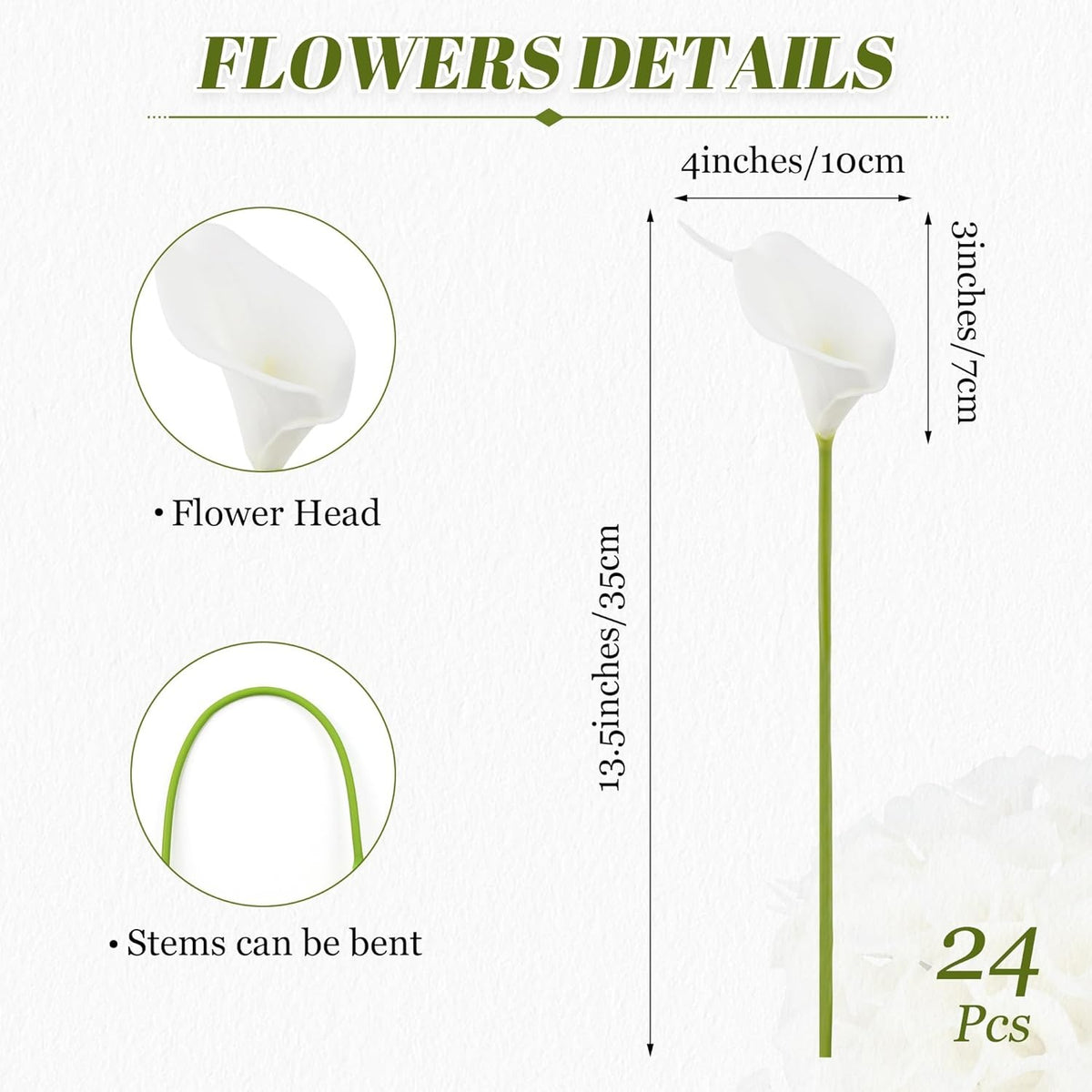 White artificial calla lily flower stem with green stem and 24 pieces pack, featuring dimension details of 13.5 inches length, 4 inches flower head width, and 3 inches stem height, with inset diagrams showing flower head and bendable stem.