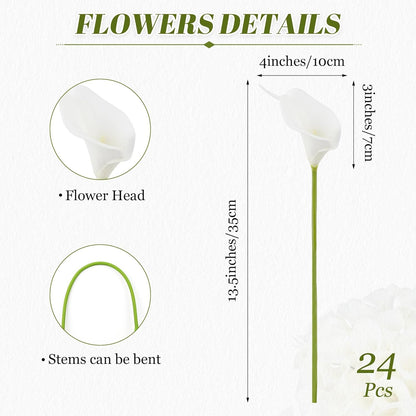 White artificial calla lily flower stem with green stem and 24 pieces pack, featuring dimension details of 13.5 inches length, 4 inches flower head width, and 3 inches stem height, with inset diagrams showing flower head and bendable stem.