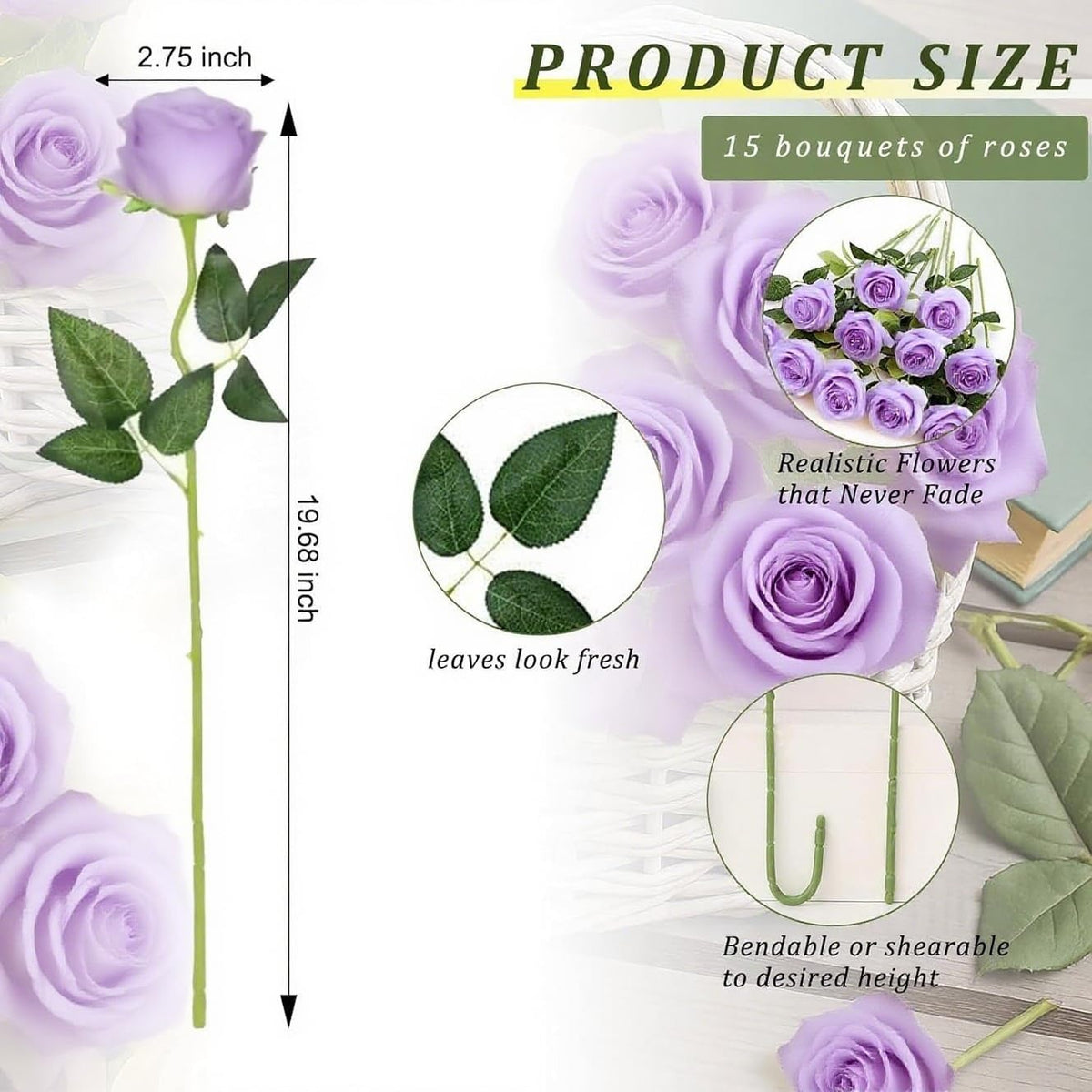 Purple roses with measurements and product details on a white background