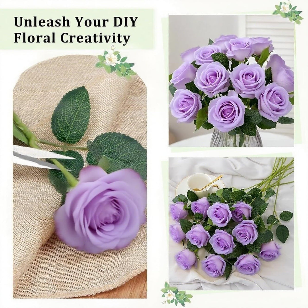 A collage showing lavender artificial roses: one large single bloom with green leaves on a burlap surface, a bouquet of several lavender roses in a vase, and a larger arrangement of many lavender rose stems on a white cloth. Text at the top reads 'Unleash Your DIY Floral Creativity.