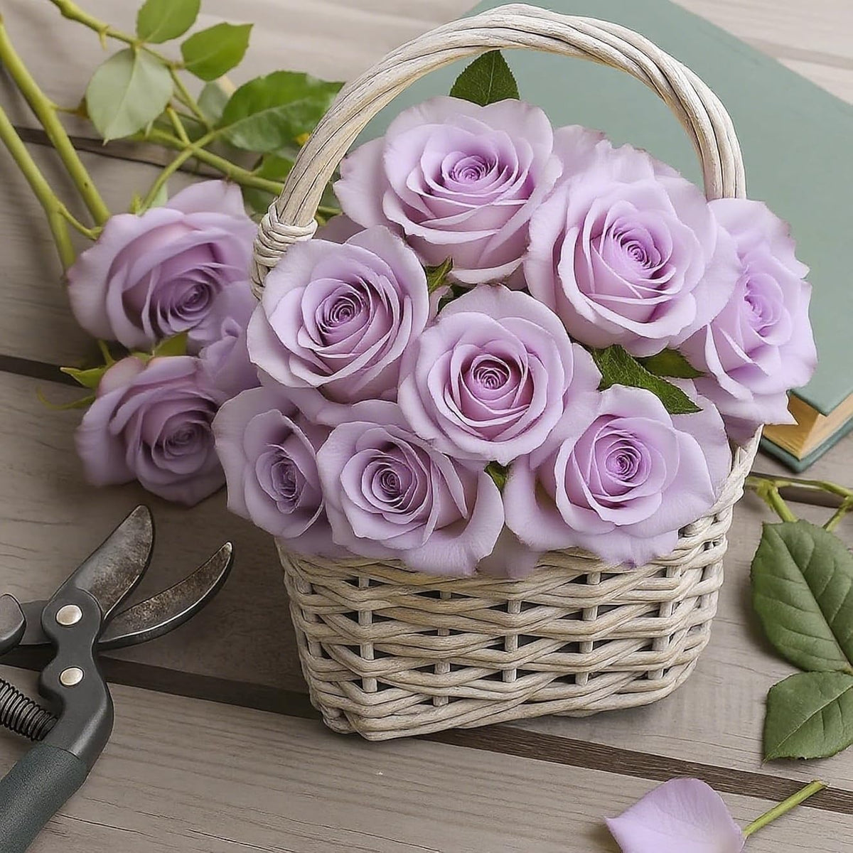 A wicker basket filled with light purple artificial roses, styled on a wooden surface with pruning shears, green leaves, and a book in the background.