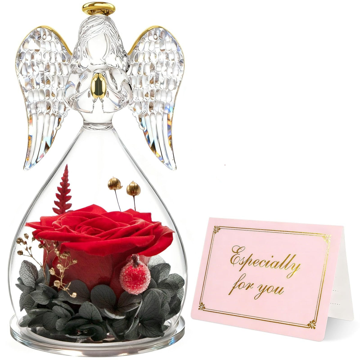 A preserved red rose displayed inside a clear glass angel-shaped terrarium with gold accents, surrounded by dark green leaves and small dried botanicals. A circular inset shows a close-up of the red rose, and a pink card with gold script reading 'Especially for you' is shown beside the main product on a white background.