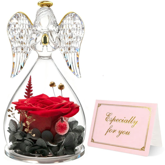 A preserved red rose displayed inside a clear glass angel-shaped terrarium with gold accents, surrounded by dark green leaves and small dried botanicals. A circular inset shows a close-up of the red rose, and a pink card with gold script reading 'Especially for you' is shown beside the main product on a white background.