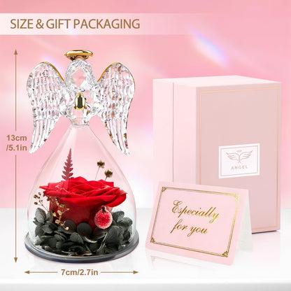 Crystal angel-shaped preserved flower dome with a red rose, shown with a pink gift box and a pink card reading 'Epecially for you.' The image includes size annotations: 13cm height and 7cm width.