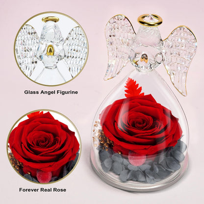 Glass angel figurine with a red rose inside on a light pink background