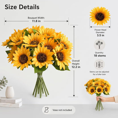 Size details infographic for a bouquet of 18 yellow sunflower stems, showing bouquet width of 11.8 in, overall height of 12.
