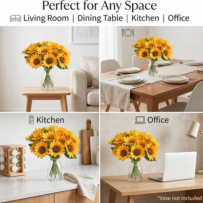 A four-panel collage showing sunflower bouquets in a clear glass vase placed in different real-world settings: a living room on a table, a dining table, a kitchen counter, and an office desk. Text at the top reads 'Perfect for Any Space' with icons for Living Room, Dining Table, Kitchen, and Office.