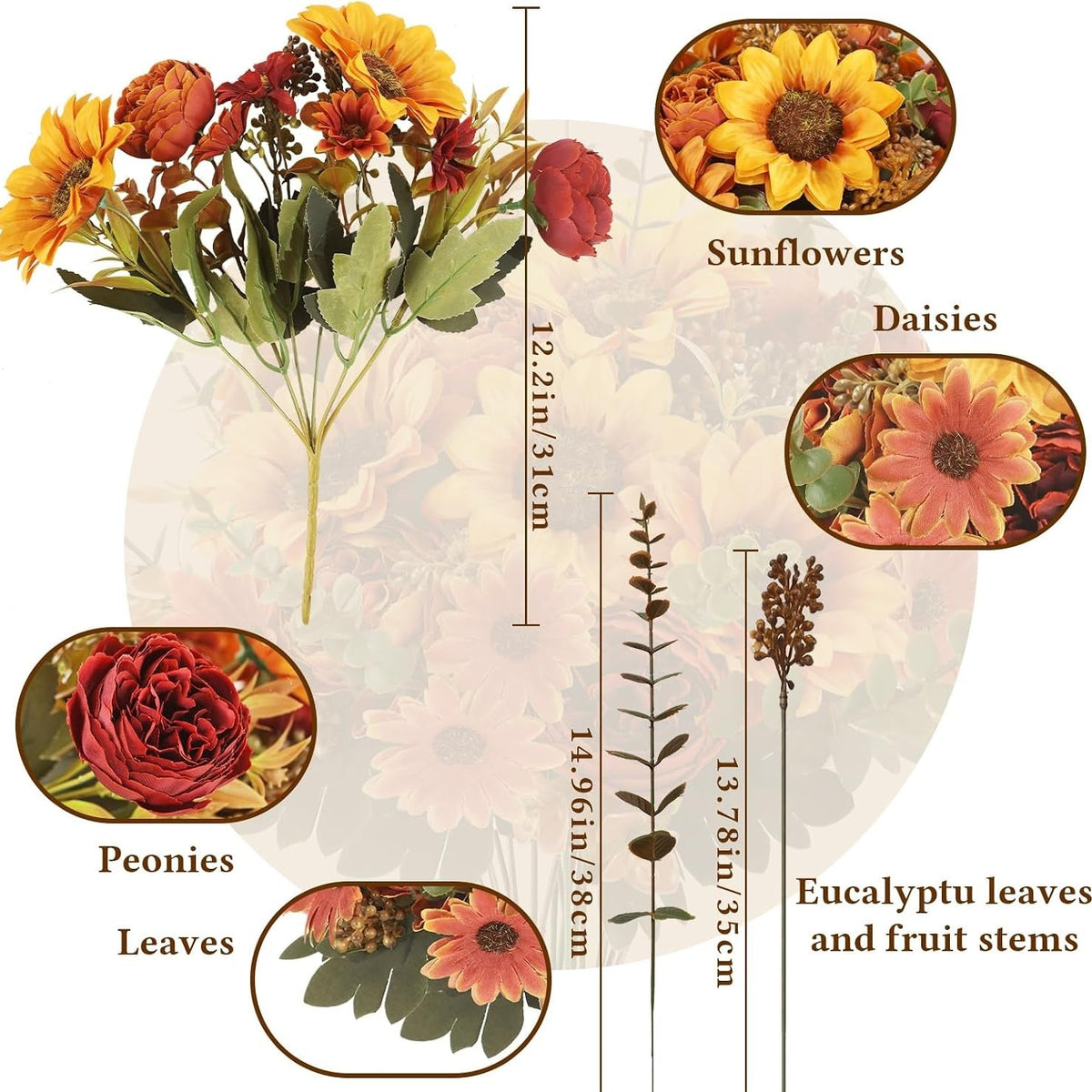 A floral arrangement product diagram showing a mixed bouquet with labeled inset close-ups of sunflowers, daisies, peonies, and eucalyptus leaves/fruit stems, plus height measurement lines across the composition.