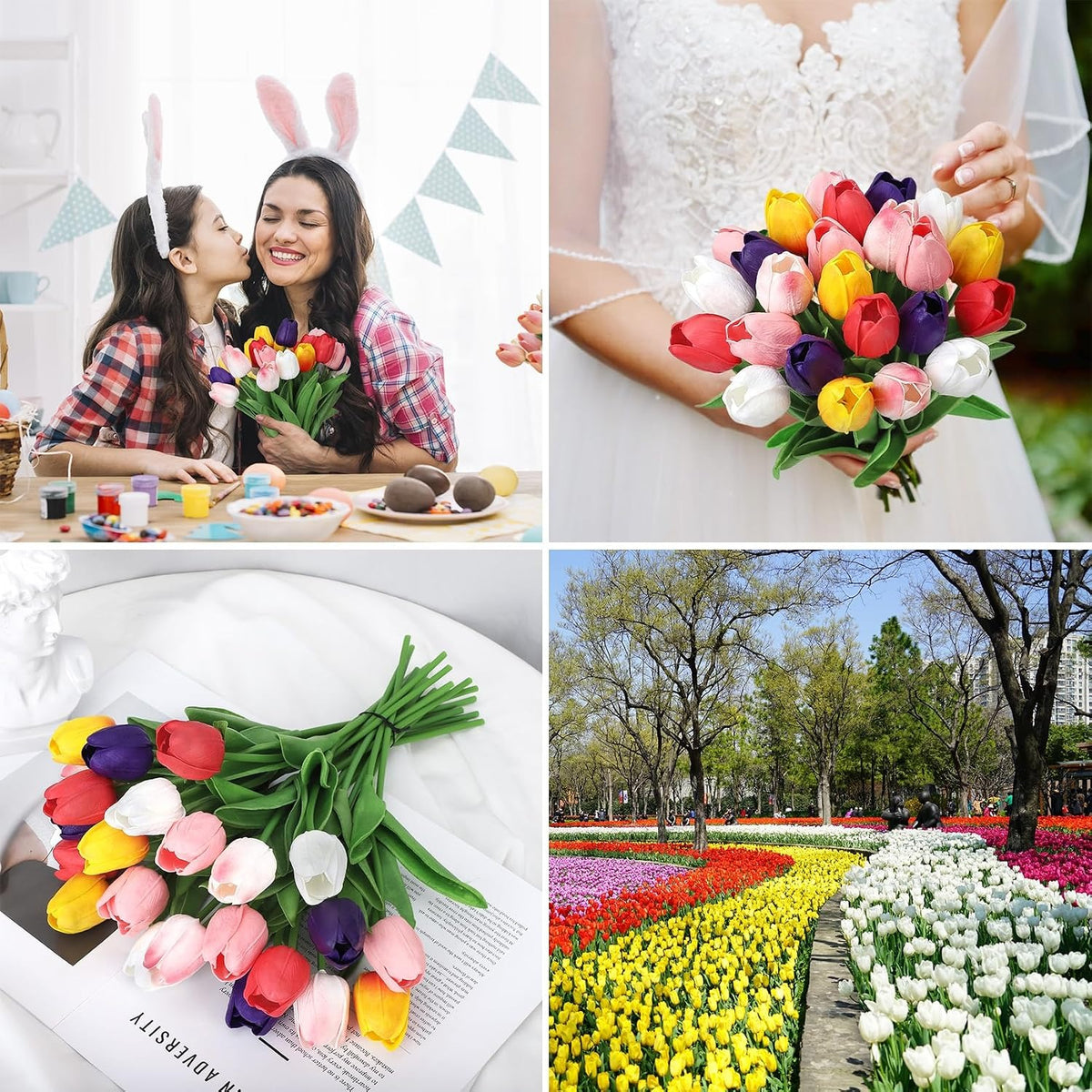 A four-panel collage showing a bouquet of artificial tulips in multiple colors. One panel shows a bride holding the bouquet, another shows a woman kissing a child on the cheek while wearing bunny ears and holding tulips, another shows the bouquet arranged on an open book, and the fourth shows a real park with rows of tulip beds.