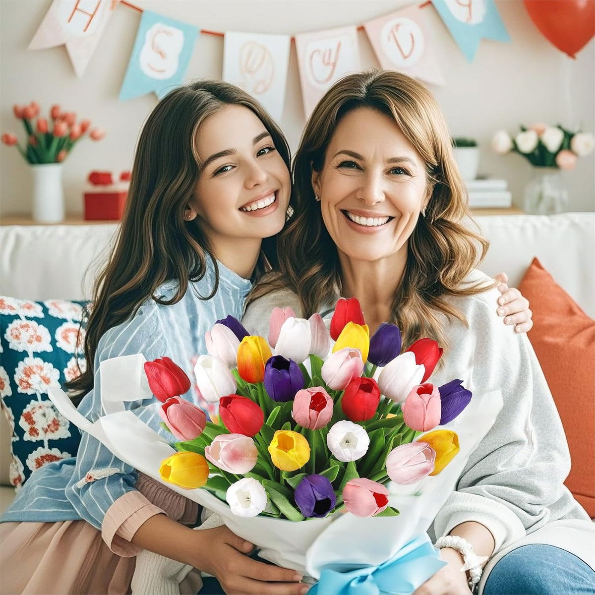 A woman and a young girl smile while holding a large bouquet of colorful tulips in a decorated home setting with a 'Happy Birthday' banner in the background.